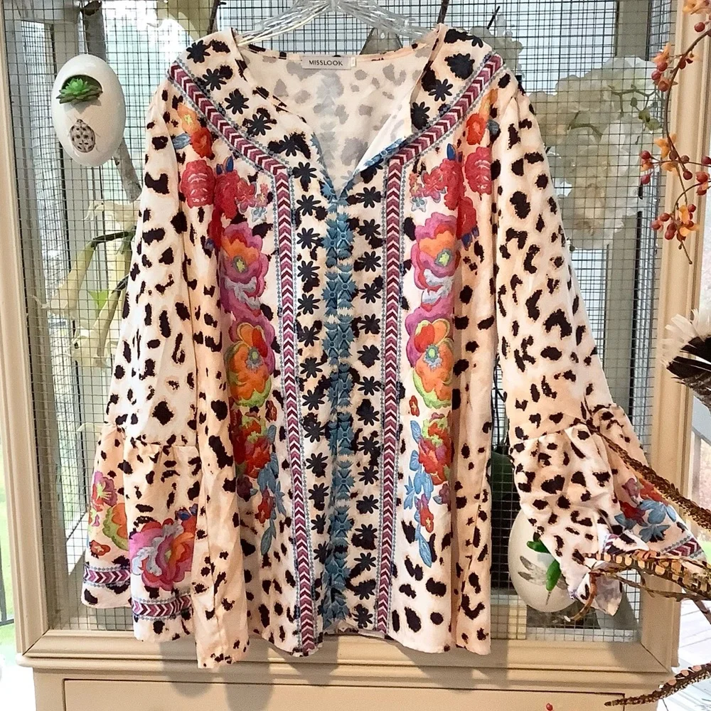 Misslook Multicolor Floral and Leopard Print Tunic - Picture 1 of 6